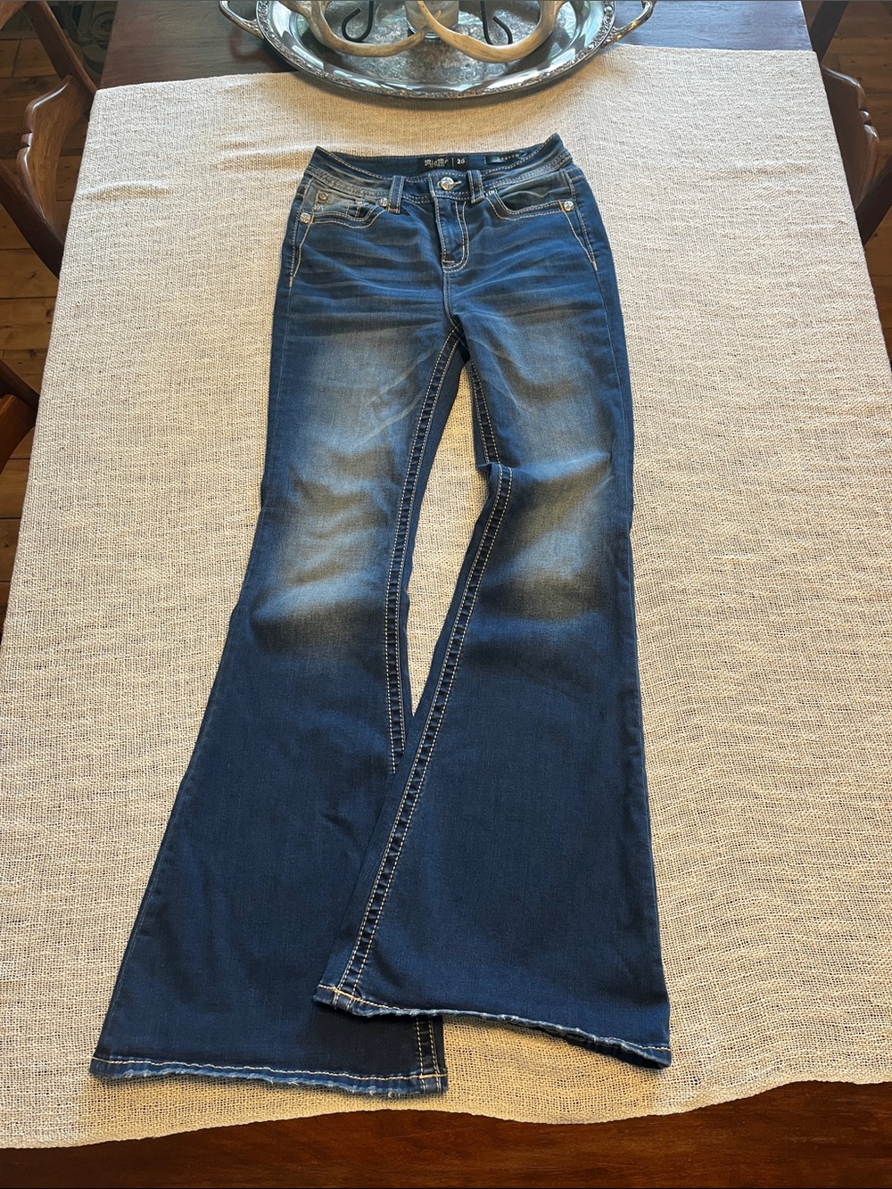 Miss Me Dark Blue Flare Jeans with Faded Detail